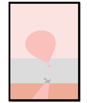 Gato en un paisaje minimalista con globo aerostático