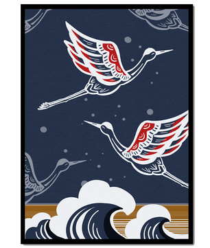 Illustrative cranes flying over ocean waves with dark background