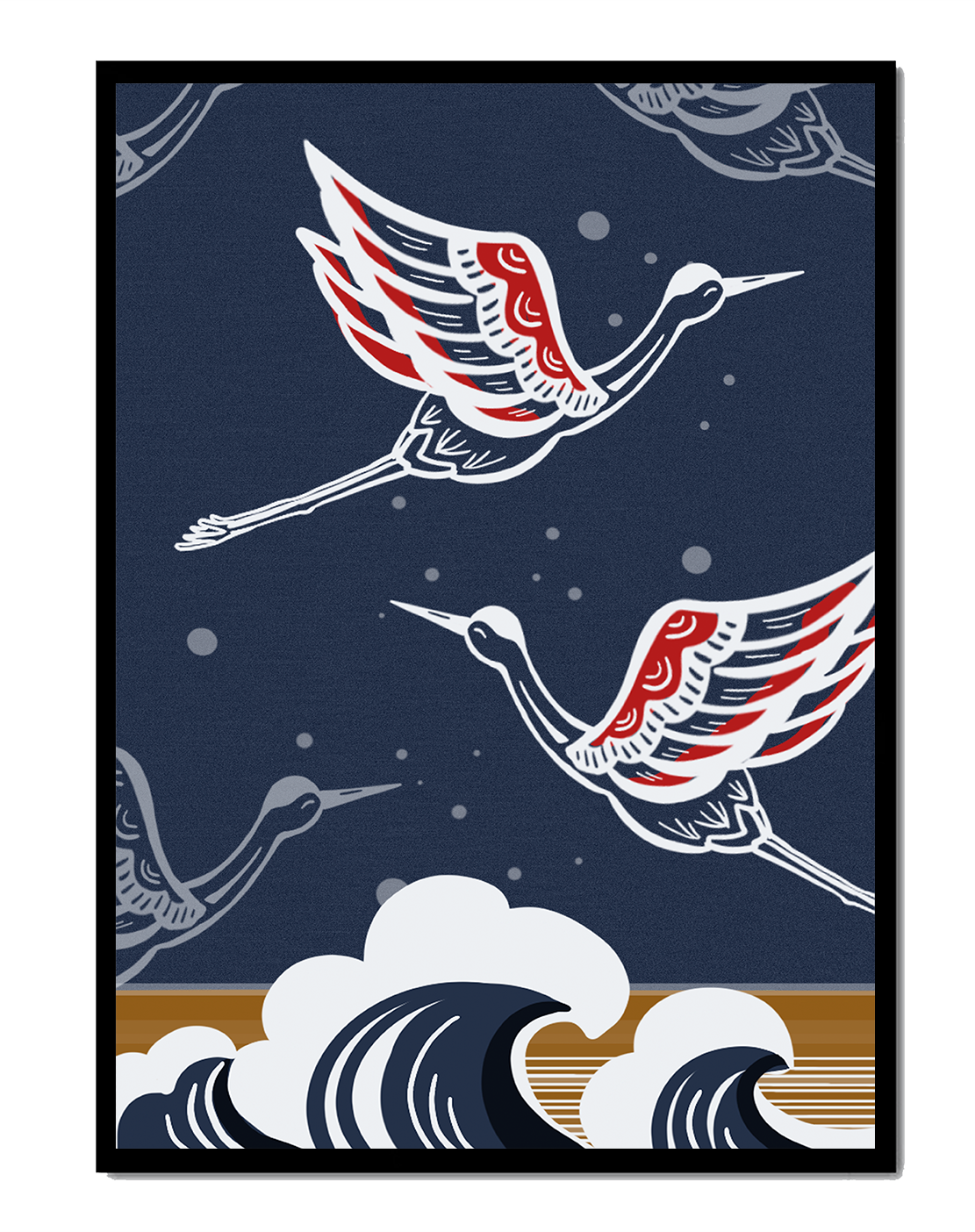 Illustrative cranes flying over ocean waves with dark background
