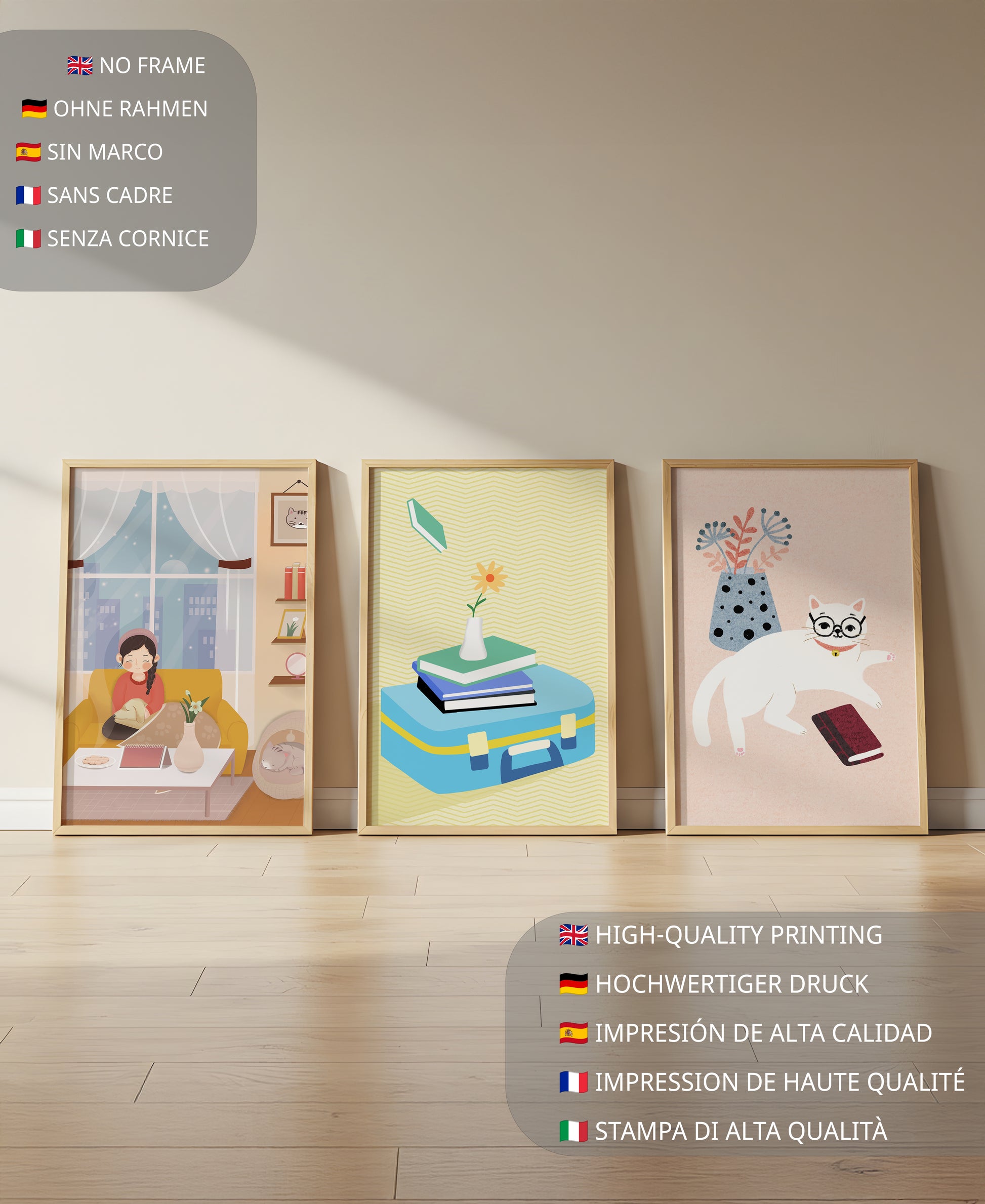 Triptyque moderne avec illustrations d’intérieurs et d’animaux