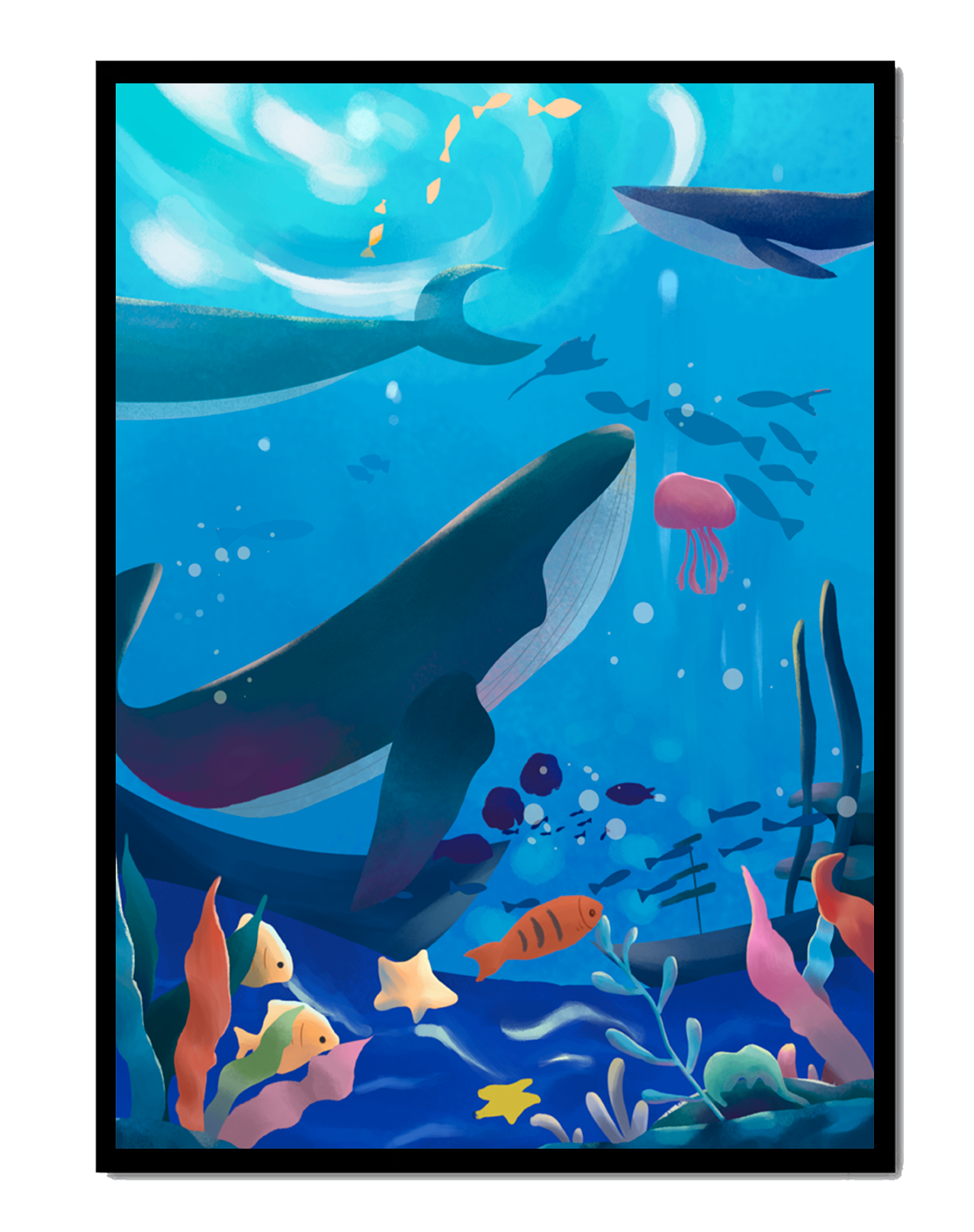 Underwater scene with whales, fish, and coral reef