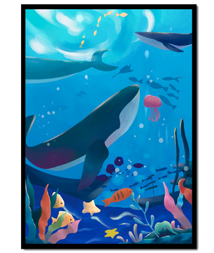 Escena submarina con ballenas, peces y arrecife de coral