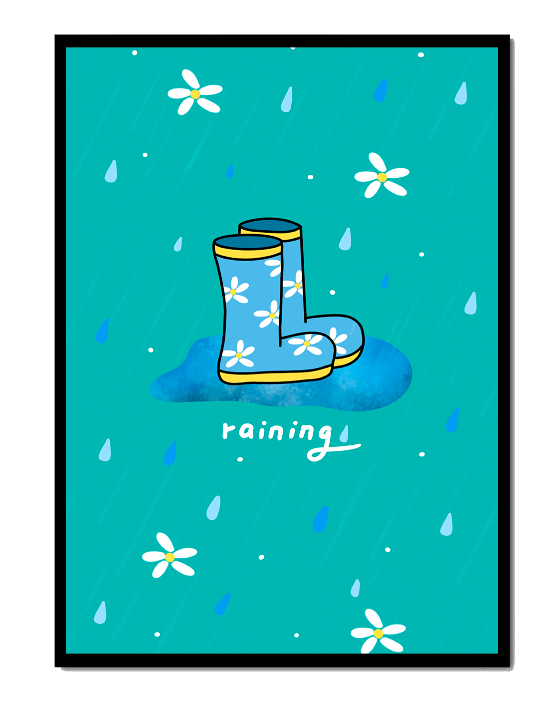Colorful rain boots with floral pattern on a rainy background