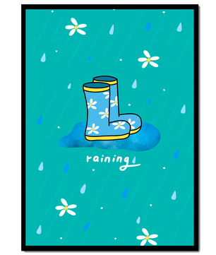 Colorful rain boots with floral pattern on a rainy background