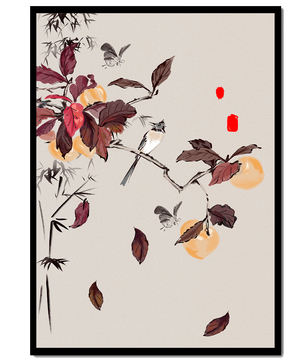 Elegant nature illustration featuring butterflies and birds on a branch