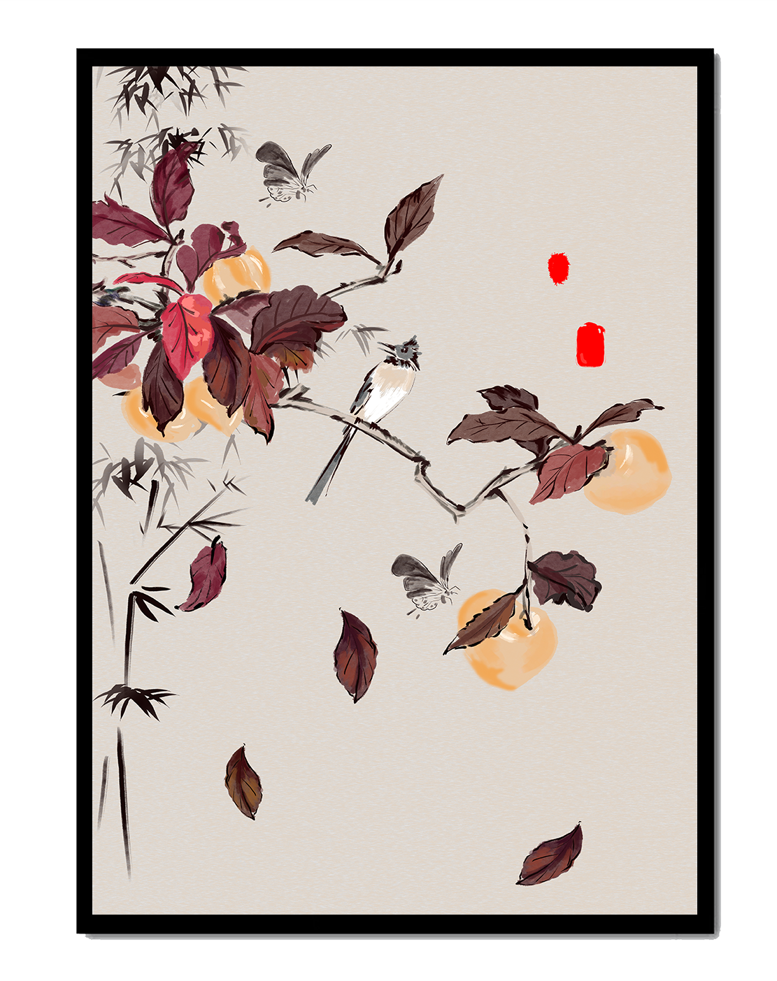 Elegant nature illustration featuring butterflies and birds on a branch