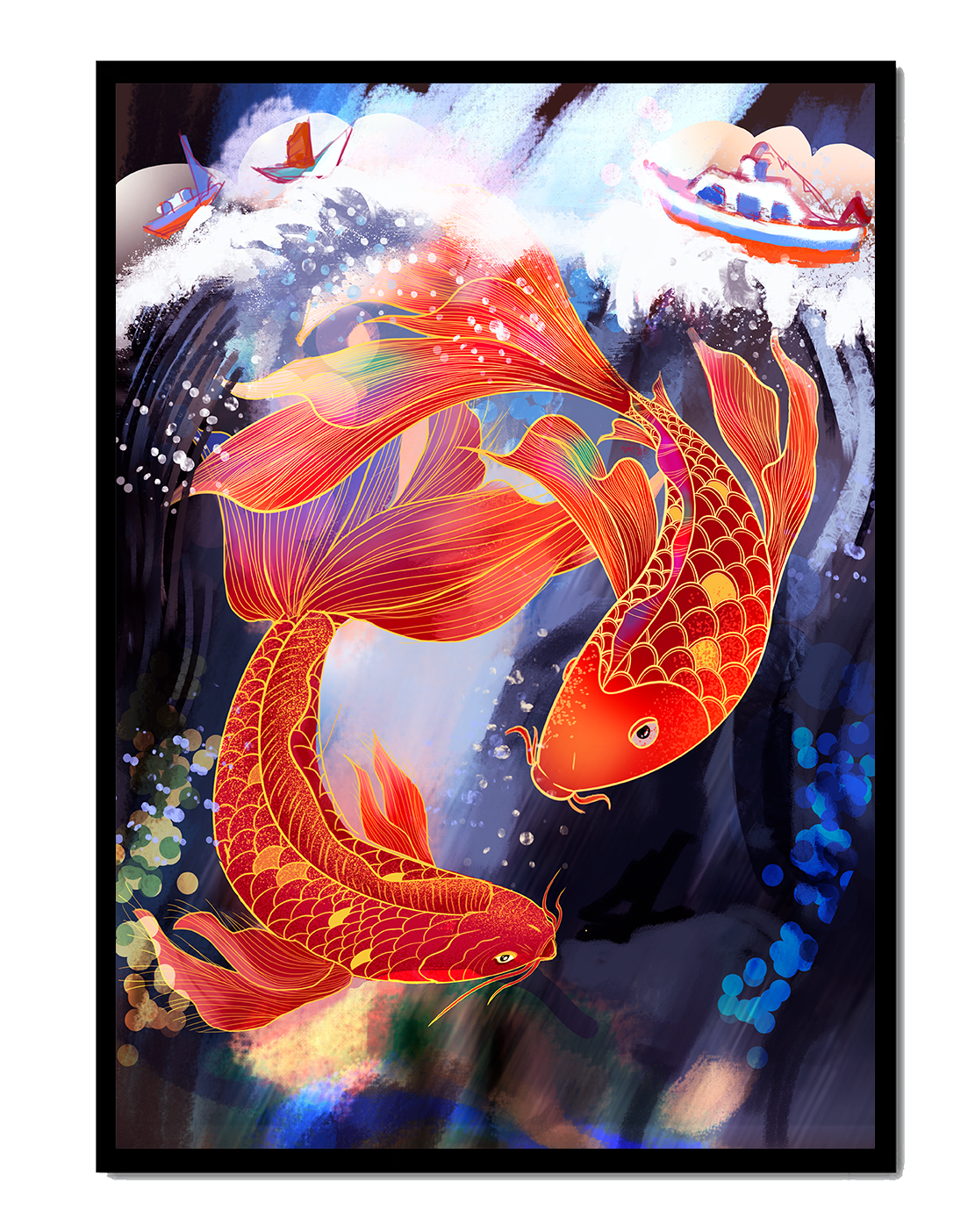 Representación artística de peces koi nadando con barcos en colores vibrantes.
