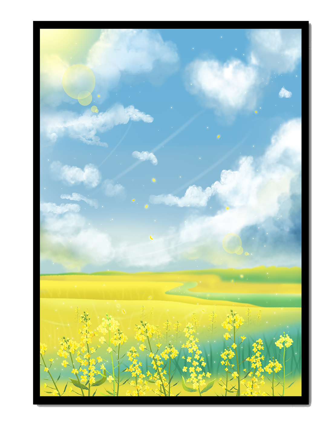 Sunny Meadow with Yellow Flowers and Blue Sky Scenic Art