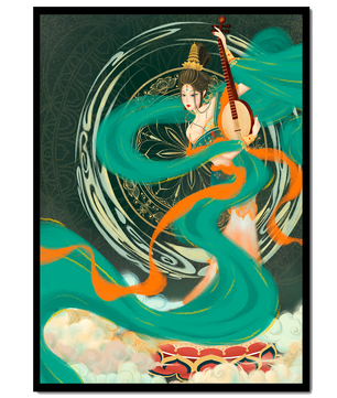 Elegant depiction of traditional musical culture with vibrant flowing ribbons and intricate patterns