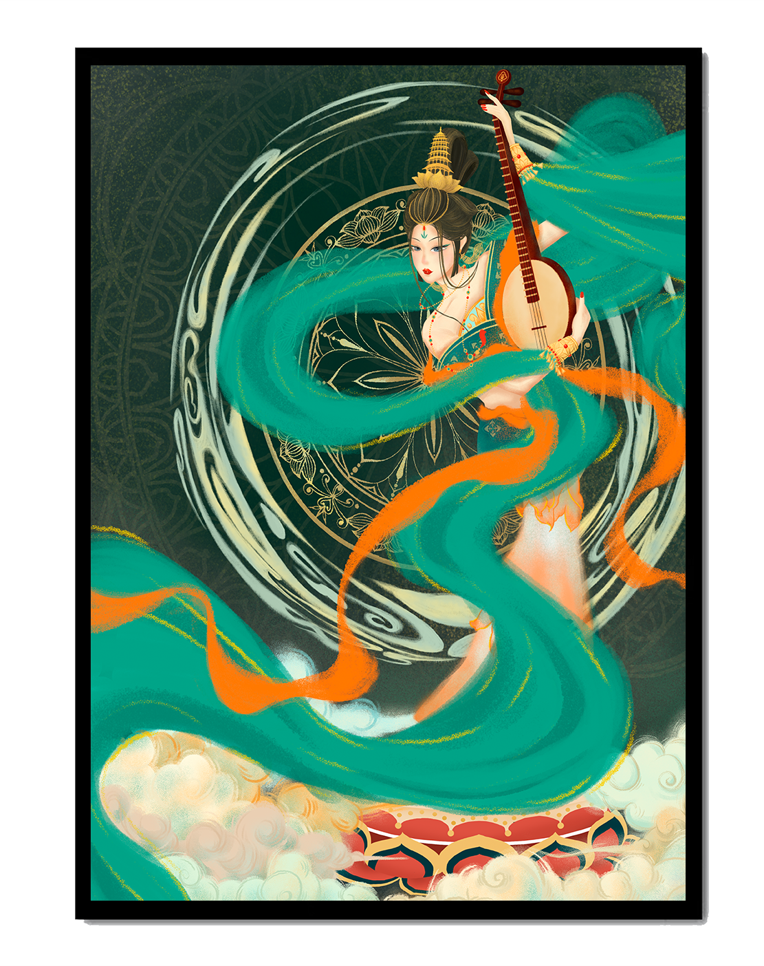 Elegant depiction of traditional musical culture with vibrant flowing ribbons and intricate patterns