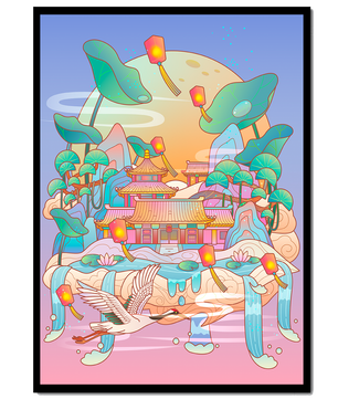 Illustration pittoresque d’un temple chinois avec des lanternes flottantes et un paysage serein