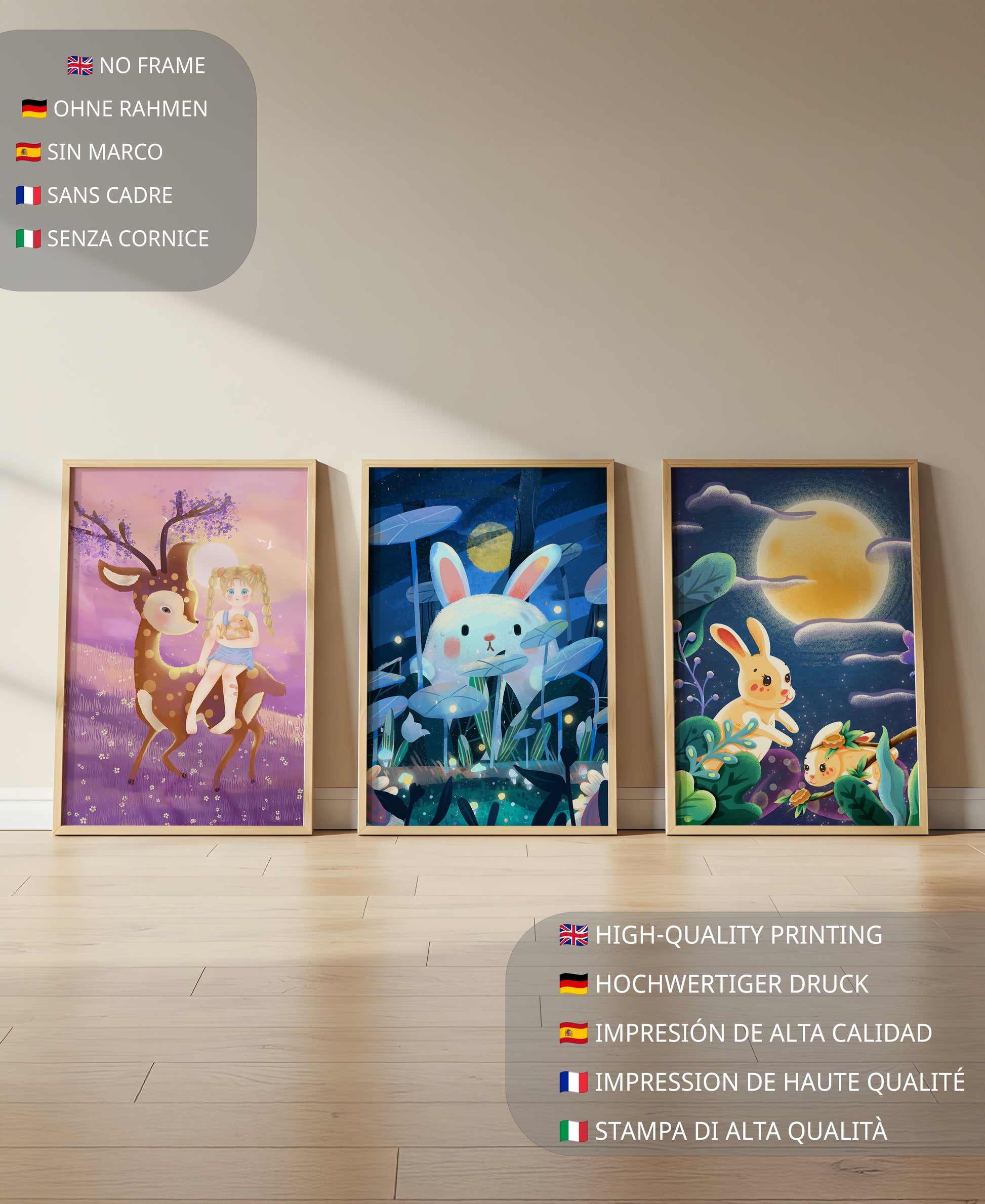 Ensemble de toiles pour enfants avec des animaux et des paysages fantastiques