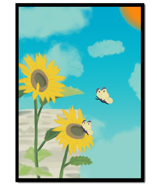 Sunflowers And Butterflies Under A Bright Blue Sky
