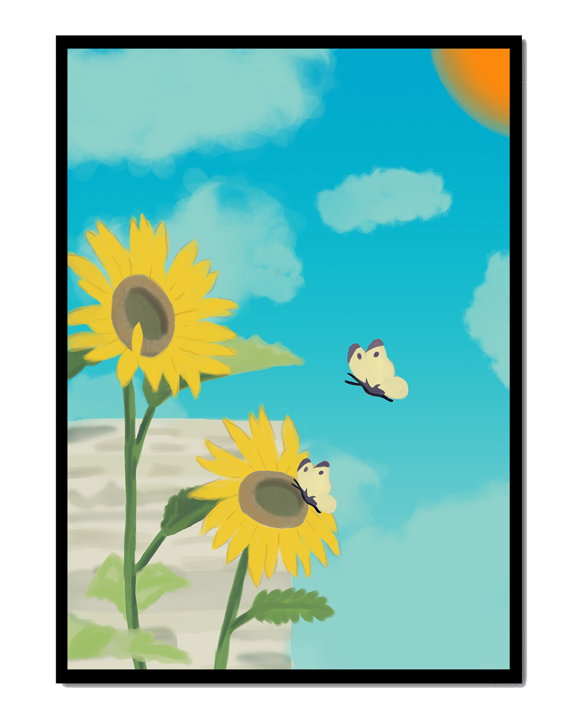 Sunflowers And Butterflies Under A Bright Blue Sky