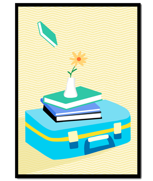 Naturaleza muerta colorida con libros, jarrón de flores y maleta
