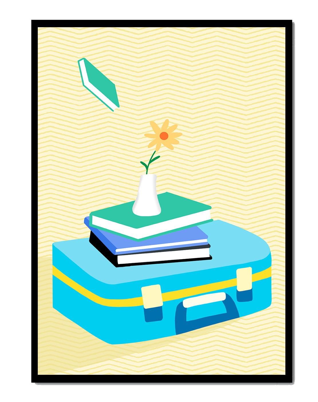 Colorful still life with books, flower vase, and suitcase