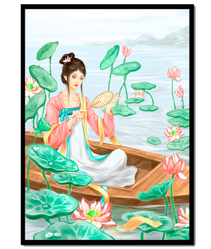Femme élégante en tenue traditionnelle assise dans une barque parmi des fleurs de lotus