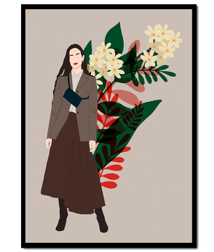 Elegant woman illustration with floral background in earthy tones