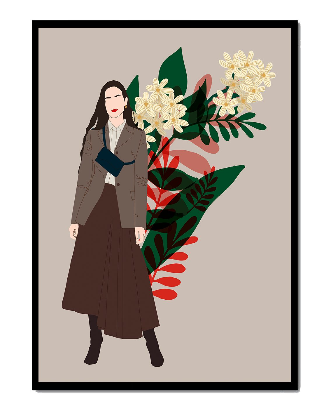 Elegant woman illustration with floral background in earthy tones