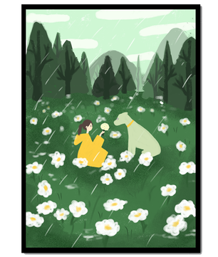 Woman and Dog in a Serene Rainy Meadow with Flowers