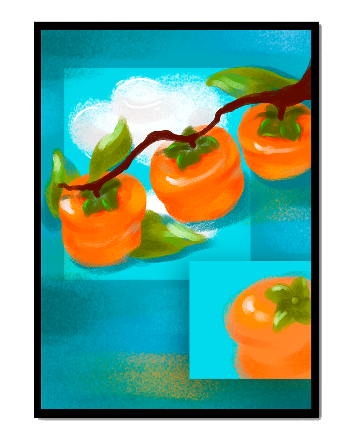 Vibrant persimmons on a branch with a blue background