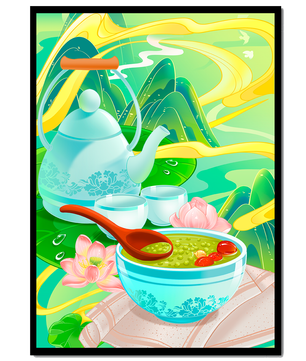 Tea ceremony with teapot and tea bowls amidst nature scenery