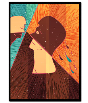 Surreal abstract illustration of two faces in a dramatic confrontation with expressive colors - Mi tienda