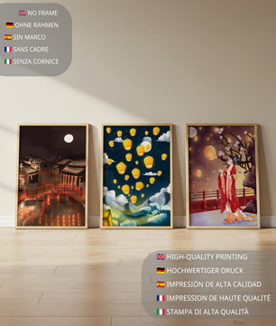 Ensemble de toiles avec éléments asiatiques et lanternes lumineuses
