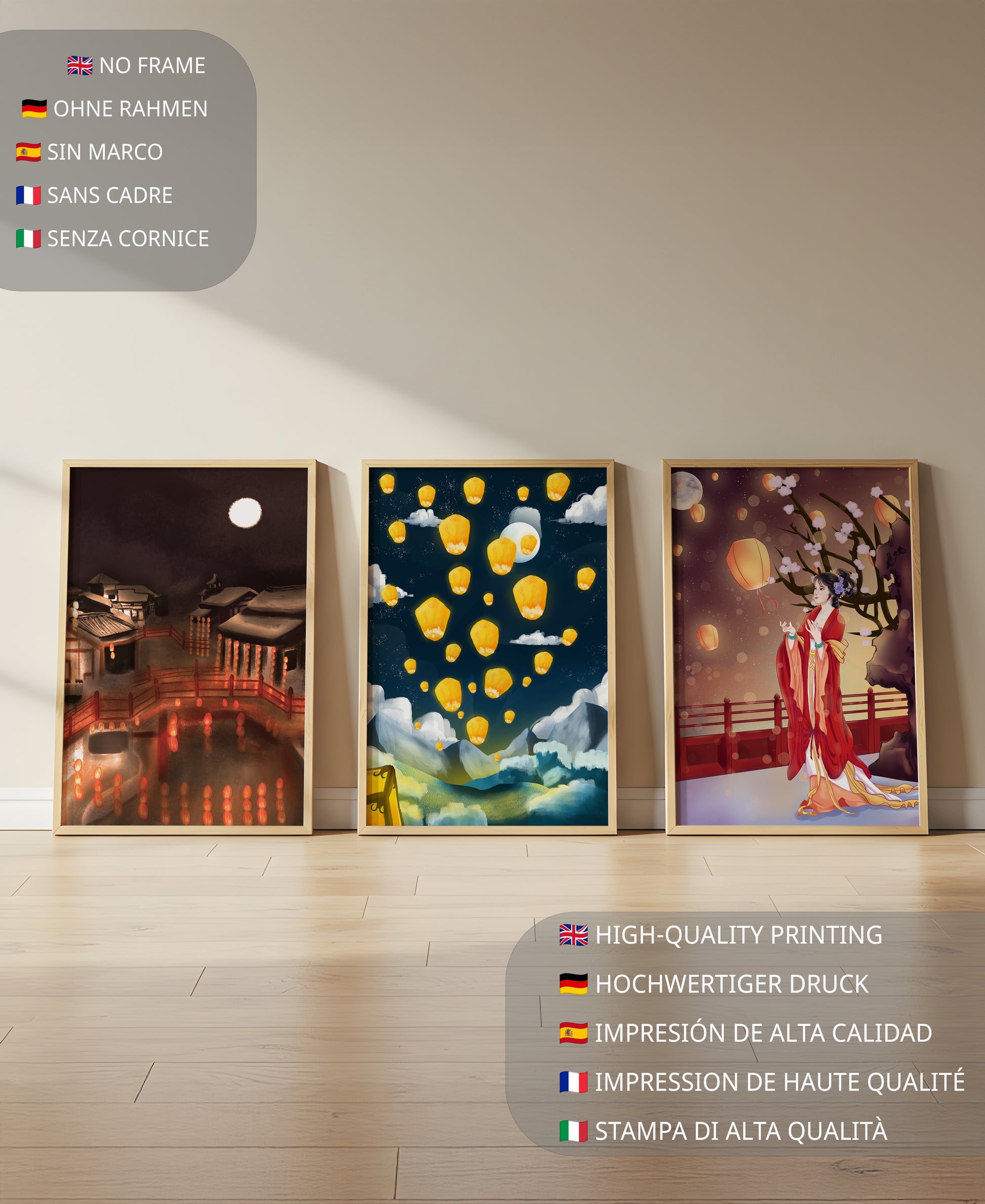 Ensemble de toiles avec éléments asiatiques et lanternes lumineuses