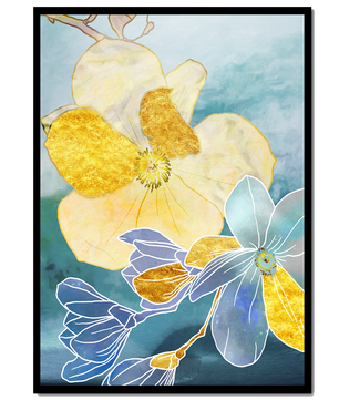Abstract Floral Art with Golden Accents on Blue Background