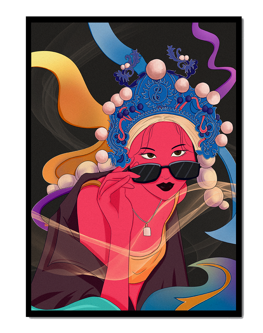 Elegant portrait of a modern woman with traditional headpiece and sunglasses