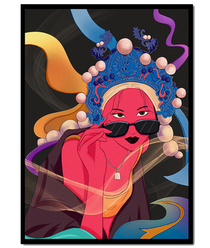 Elegant portrait of a modern woman with traditional headpiece and sunglasses