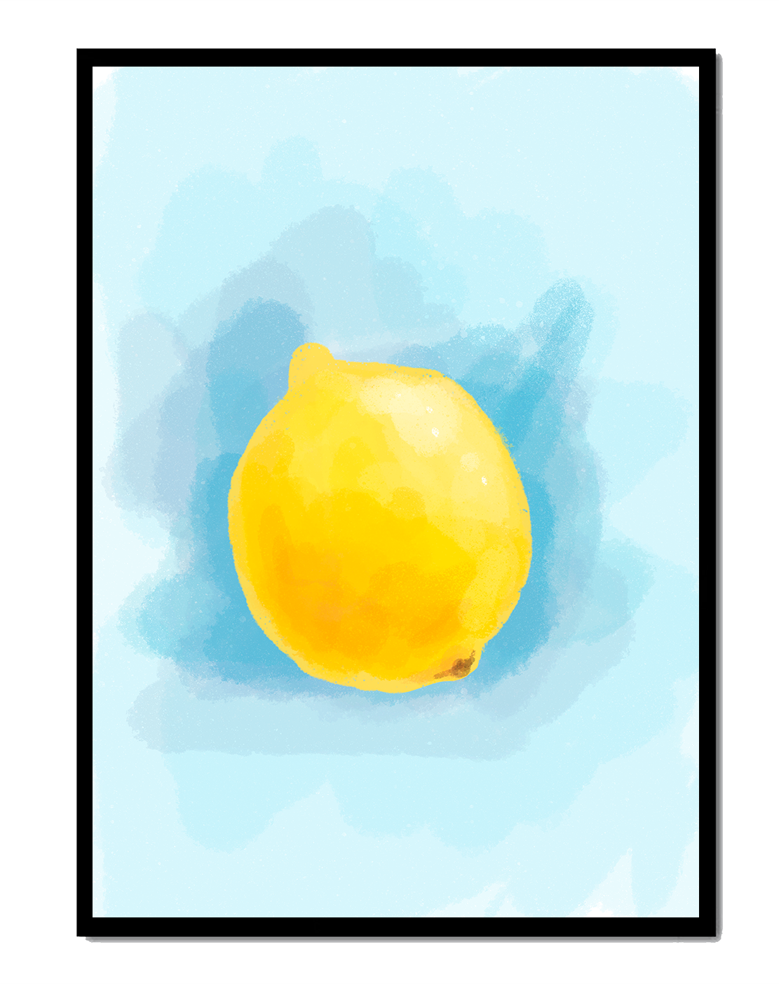 Watercolor artwork of a lemon on a blue background