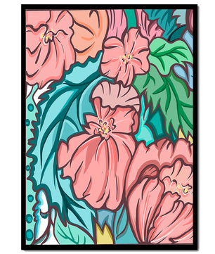 Elegant floral pattern illustration with pink blossoms and green leaves