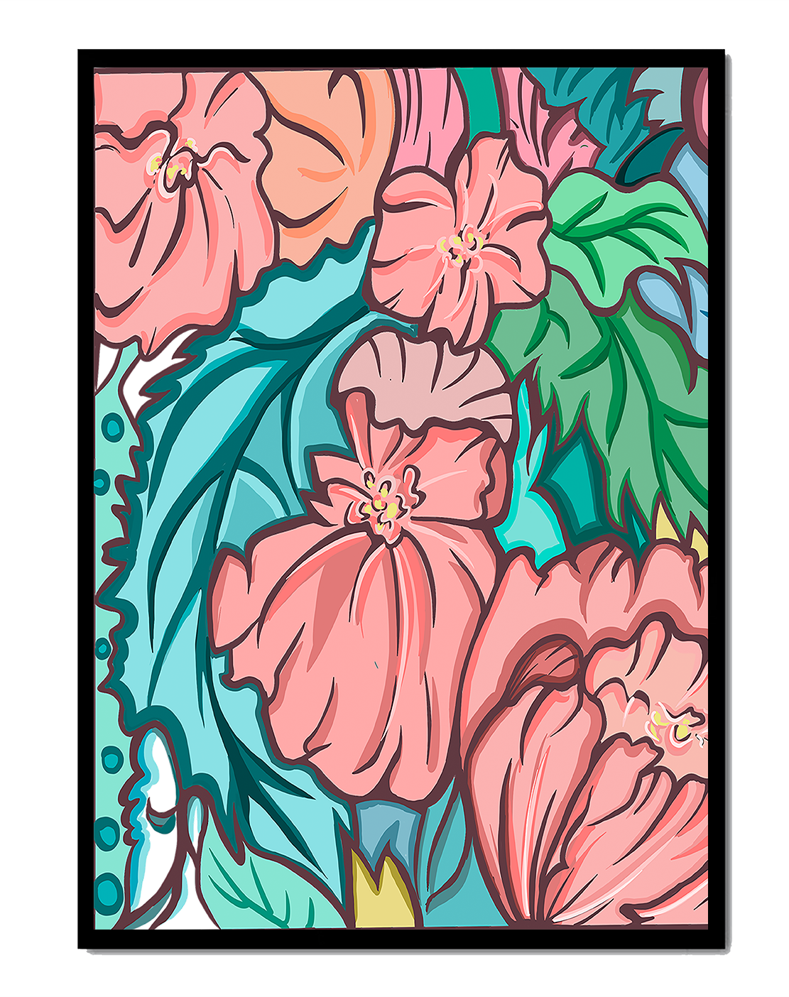 Elegant floral pattern illustration with pink blossoms and green leaves