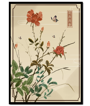 Delicate Floral Art with Red Flowers and Butterflies