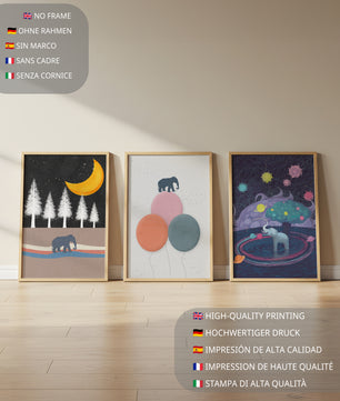 Triptyque d’illustrations avec des motifs d’éléphants et de paysages fantastiques