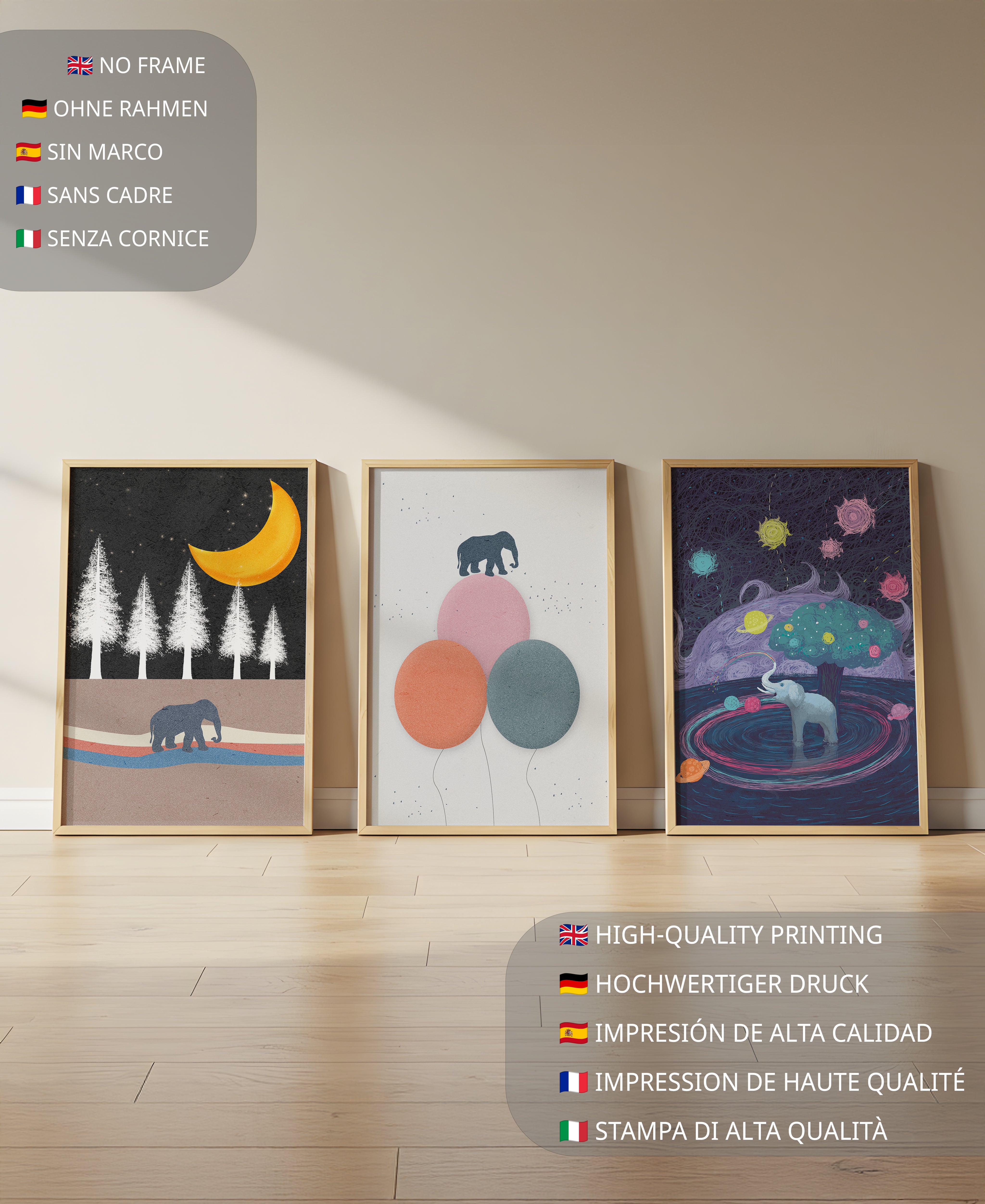 Tríptico de Ilustraciones con Motivos de Elefantes y Paisajes Fantásticos