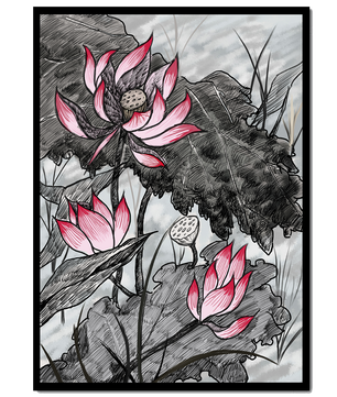 Illustration complexe de fleurs de lotus roses avec des feuilles