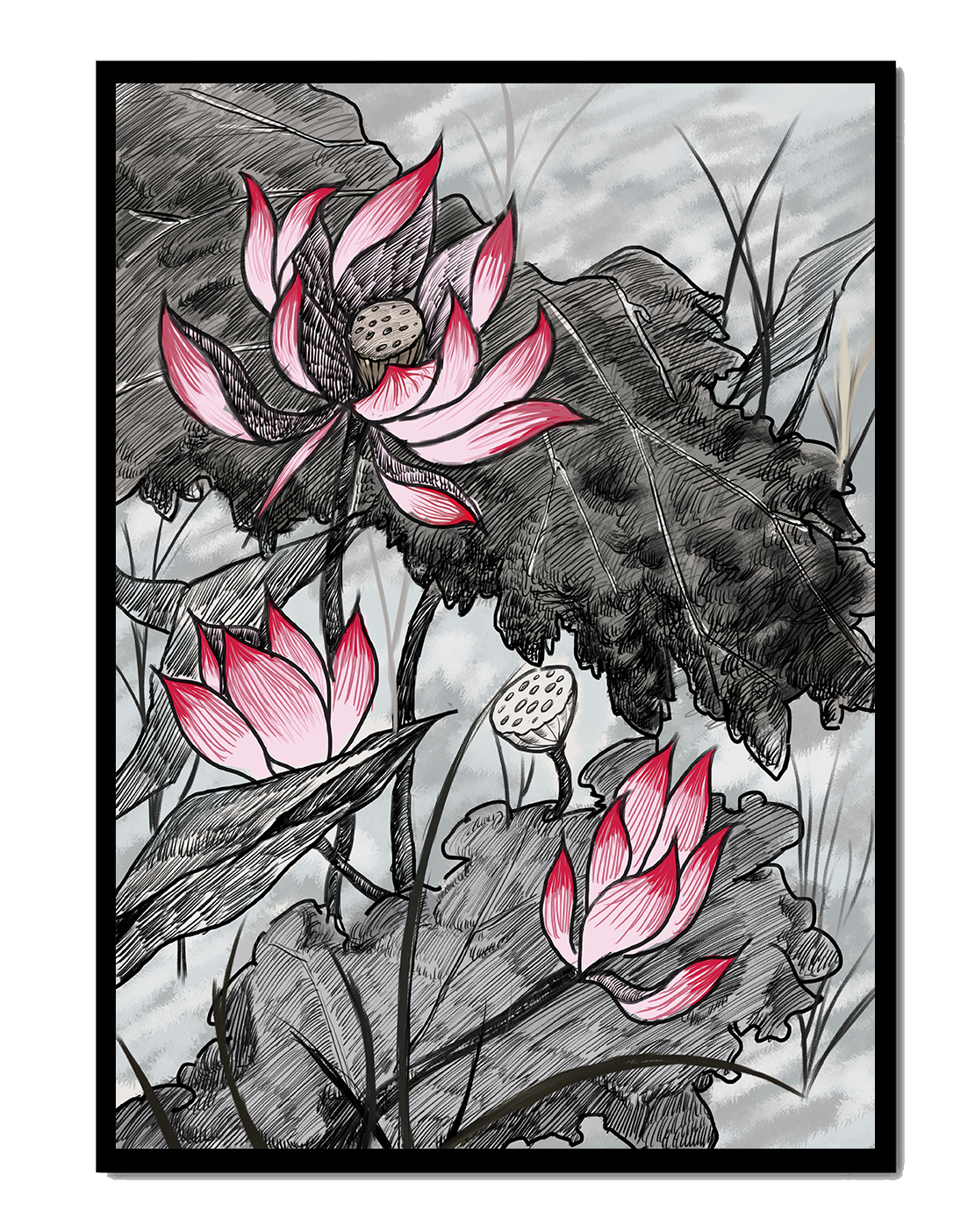 Intricate Illustration of Pink Lotus Flowers with Leaves