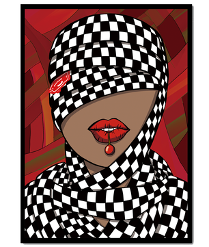 Abstract Art of Woman with Checkered Pattern and Red Lips - Mi tienda