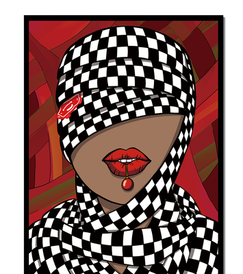 Abstract Art of Woman with Checkered Pattern and Red Lips