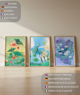 Trío de Cuadros de Lirios en Estilos Artísticos Modernos sobre Suelo de Madera Claro