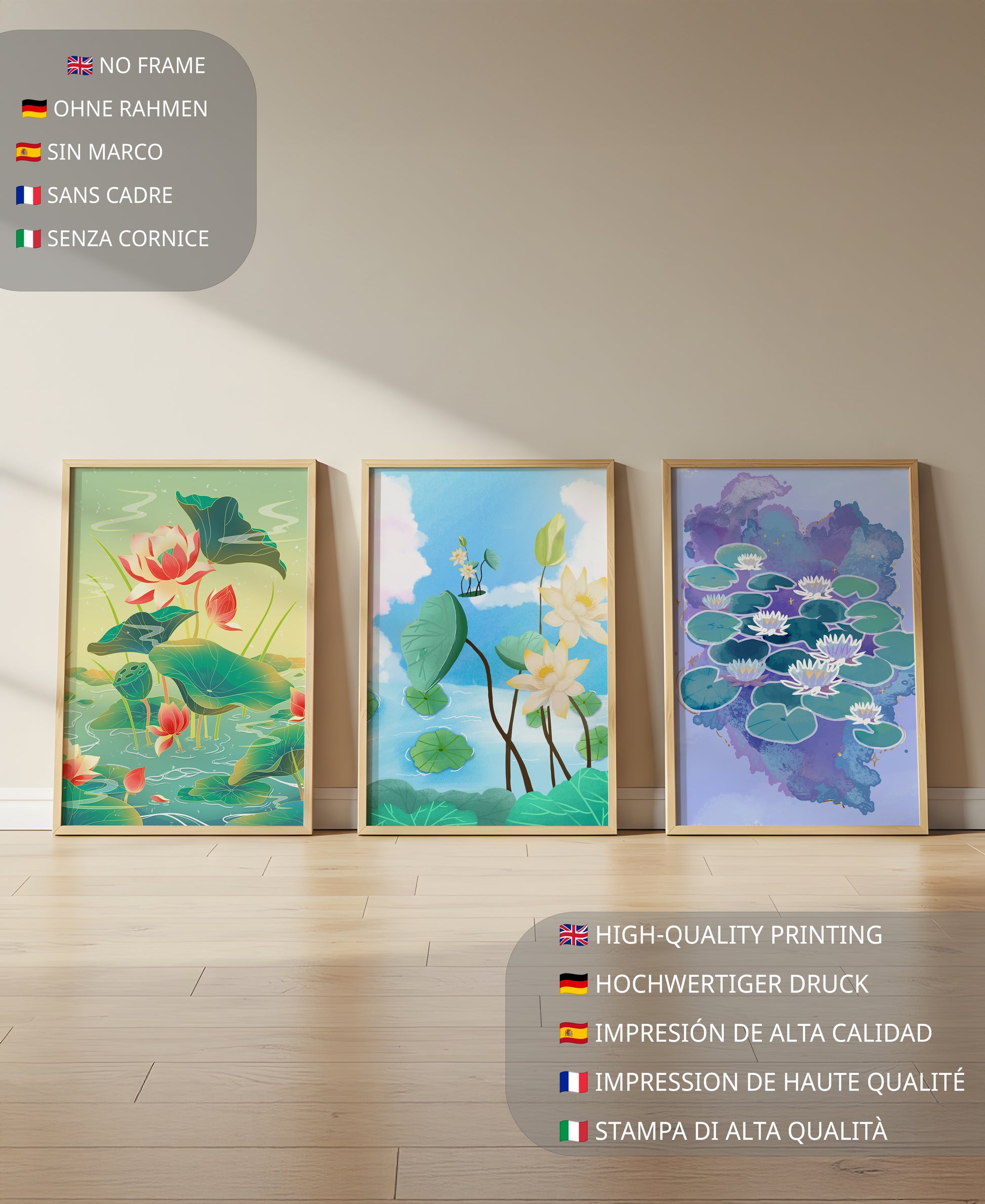 Trío de Cuadros de Lirios en Estilos Artísticos Modernos sobre Suelo de Madera Claro