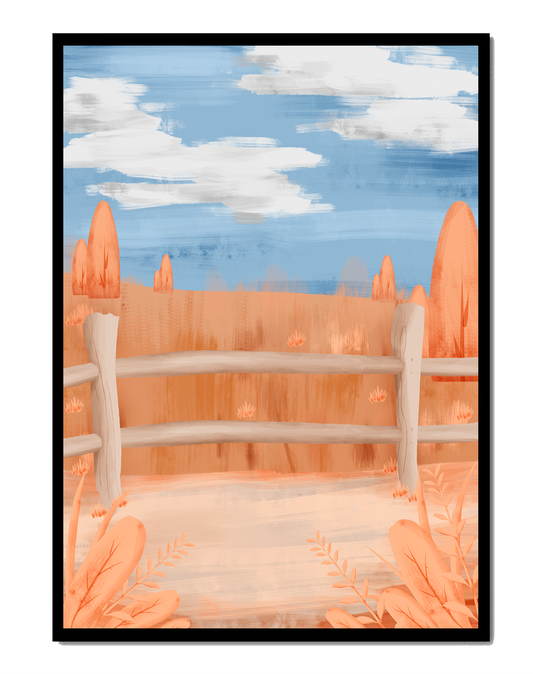 Serene autumn landscape with wooden fence and blue sky