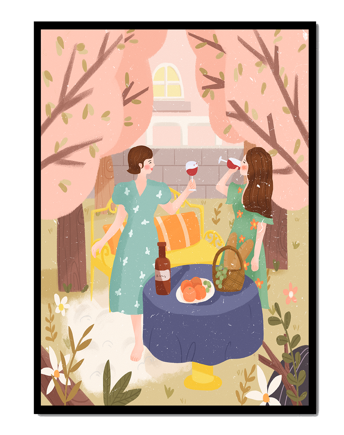 Reunión primaveral en el jardín con vino y frutas