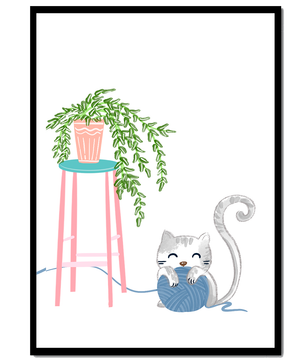 Cat Playing with Yarn Beside a Potted Plant on Pink Stool - Mi tienda