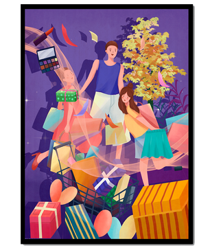 Illustration d'une expérience de shopping joyeuse en famille avec des cadeaux et des couleurs vives