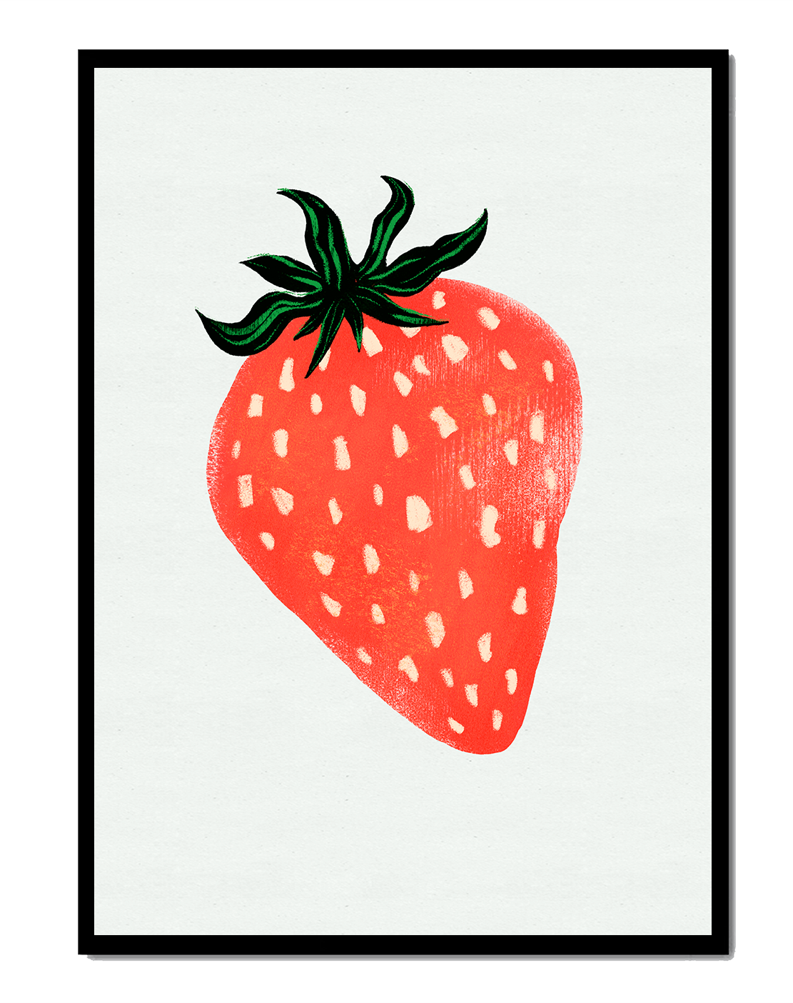 Illustrative design of a vibrant red strawberry with green leaves
