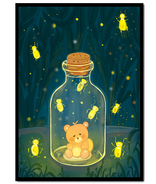 Charming teddy bear in a jar with glowing fireflies